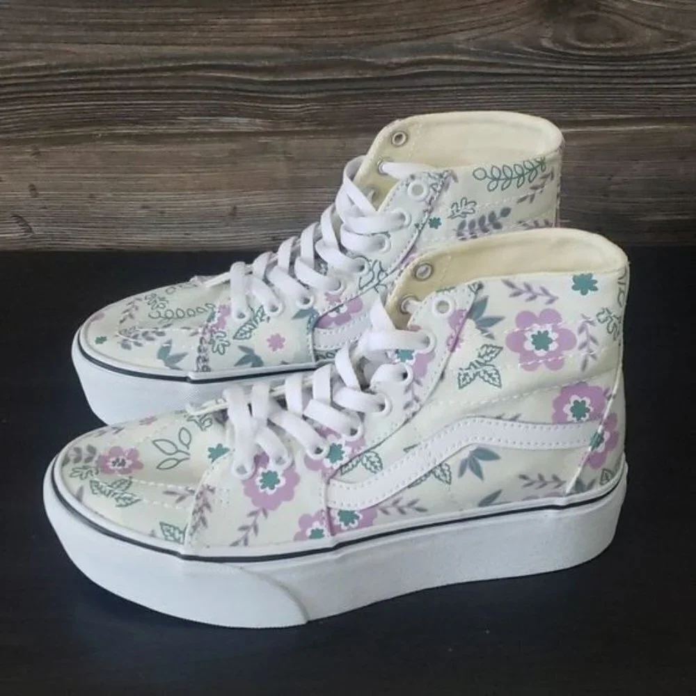 New Vans Sk8 Hi Tapered Stacked‎ Pastel Floral White Purple High Top Platforms